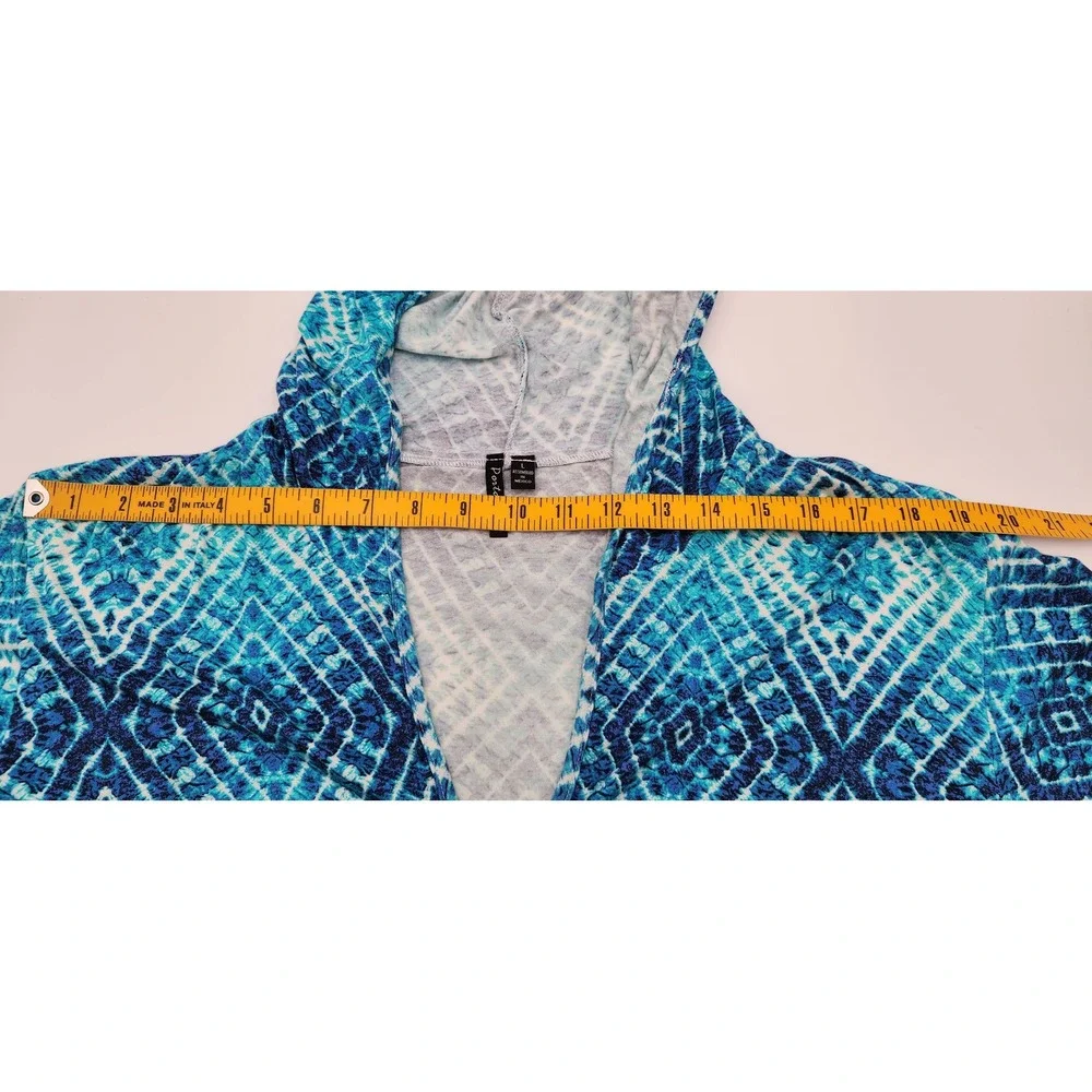 Portocruz Hooded Swim Tunic Cover Up Women L Blue Ikat Geometric 3/4 Sleeve